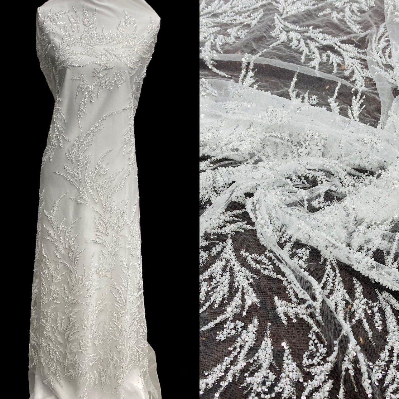 1 Yard Beaded Lace Fabric, 54" Wide Embroidered Polyester Net Mesh with Sequins & Pearls for Bridal, Evening & Quinceañera Dresses